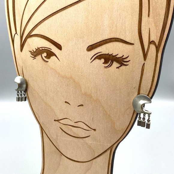 Vintage Distressed Crescent Moon Earrings with Cube Dangles, Great Grunge Vibes - Picture 5 of 6